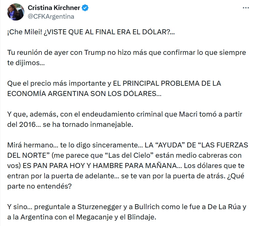 Parte del último tuit que Cristina Kirchner le dedicó a Javier Milei.