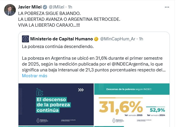 El mensaje de Javier Milei sobre la baja de la pobreza