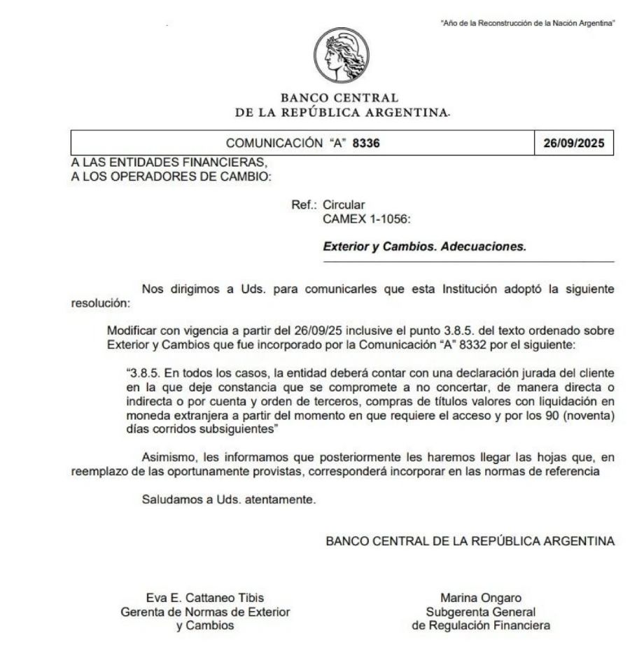 La comunicación del Banco Central sobre la nueva medida