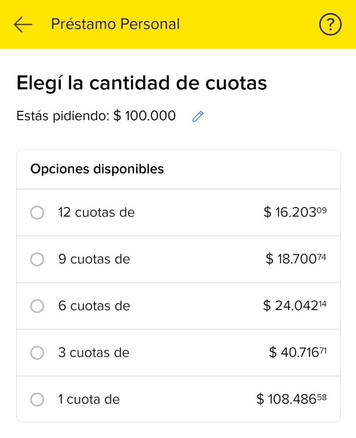 Cómo quedan las cuotas en caso de pedir un préstamo de $100.000