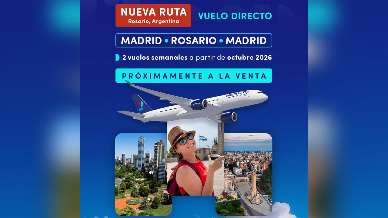 El anunció de World2Fly, que en octubre del 2026 comenzará a volar entre Rosario y Madrid