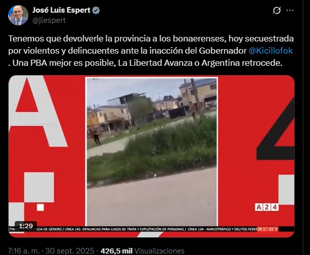 En otro posteo, Espert atacó al gobierno del gobernador Axel Kicillof