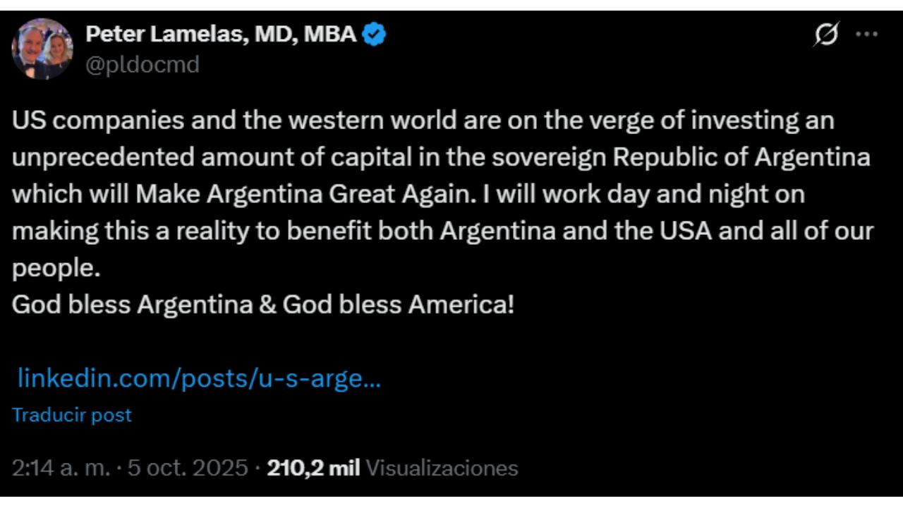 El posteo del embajador de EEUU, Peter Lamelas, sobre las inversiones que se vienen en Argentina