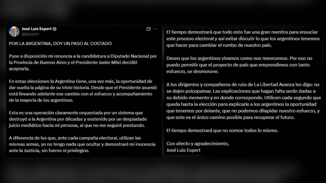El posteo que compartió Espert en sus redes sociales para anunciar su renuncia a la candidatura