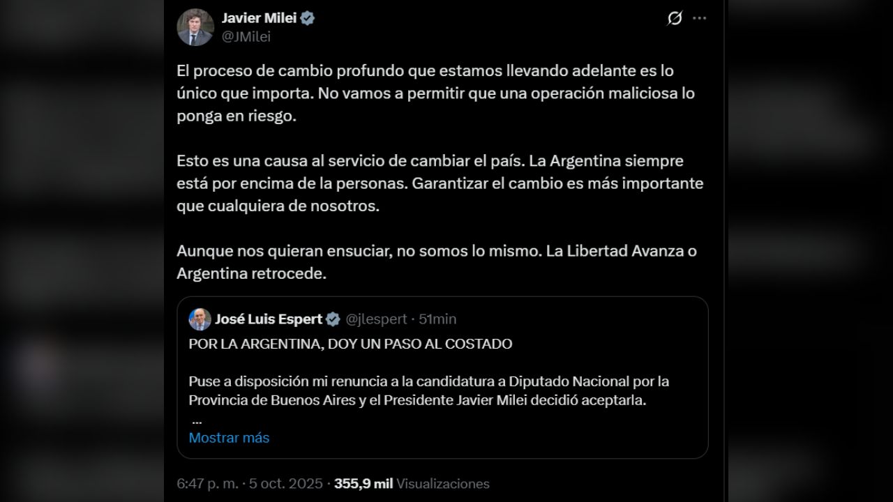 El tuit de Milei hablando sobre la renuncia de Espert