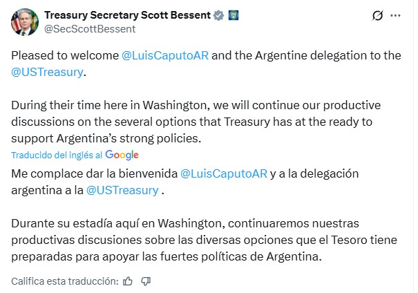 El mensaje del Secretario del Tesoro de EE.UU. Scott Bessent