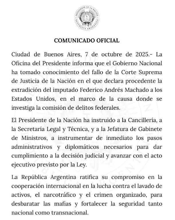 El comunicado de la Oficina del Presidente sobre la extradición de Machado