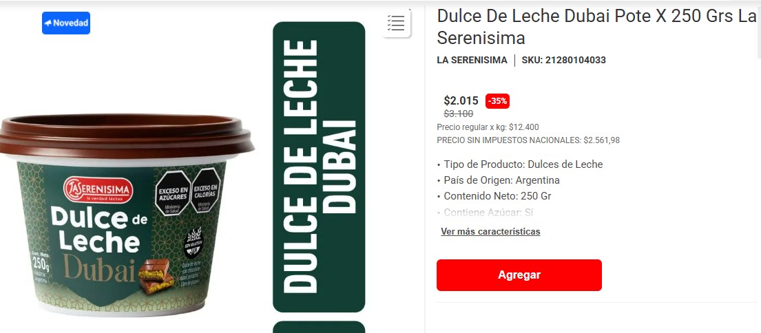 El precio del dulce de leche Dubai en los supermercados