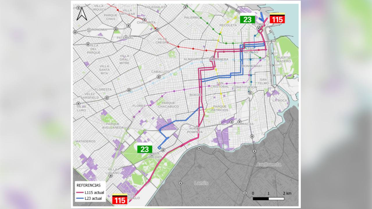 El mapa con los recorridos actuales de las líneas 23 y 115 en la Ciudad de Buenos Aires