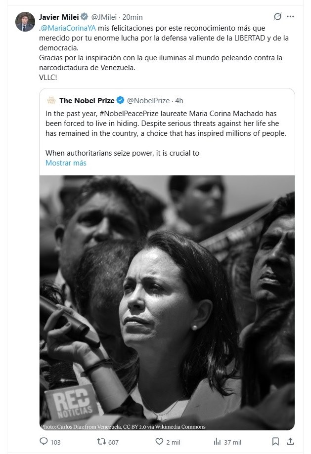 La felicitación de Milei a Corina Machado