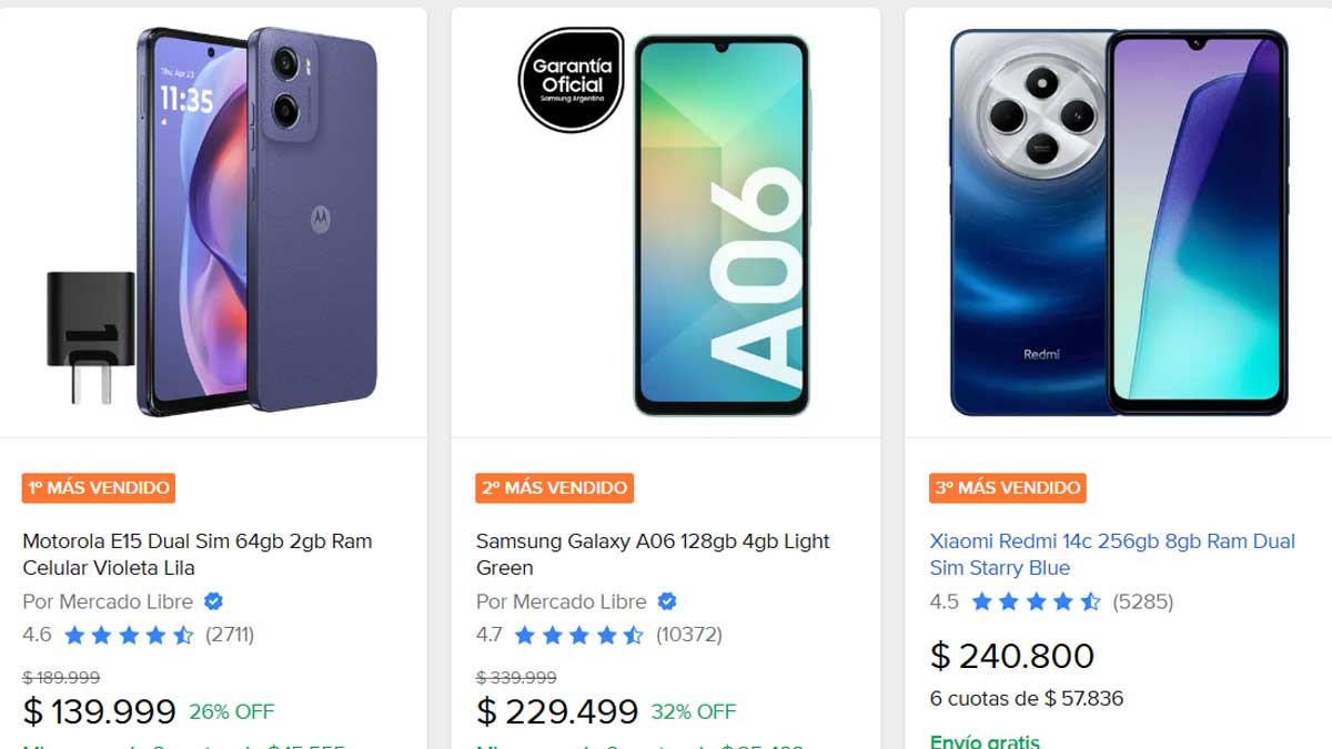 Los 3 celulares más vendidos en Mercado Libre a mediados de octubre.