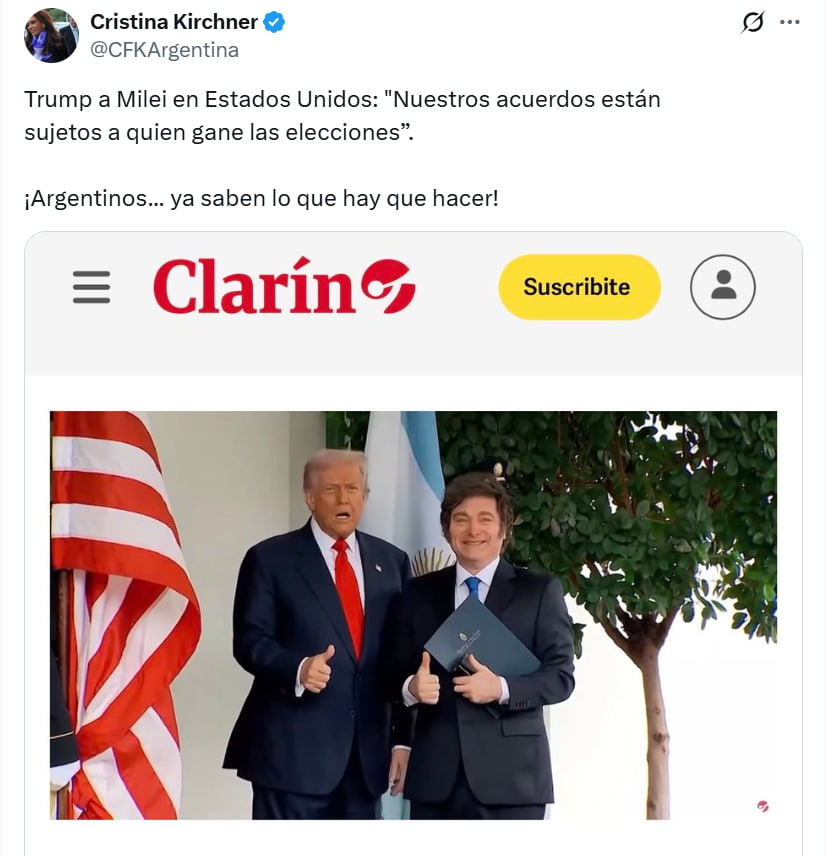 Cristina Kirchner reaccionó, tras la condición que impuso Trump al gobierno argentino.