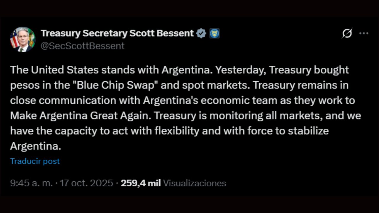 El posteo de Scott Bessent tras la tercera compra de pesos argentinos por parte del Tesoro de EEUU