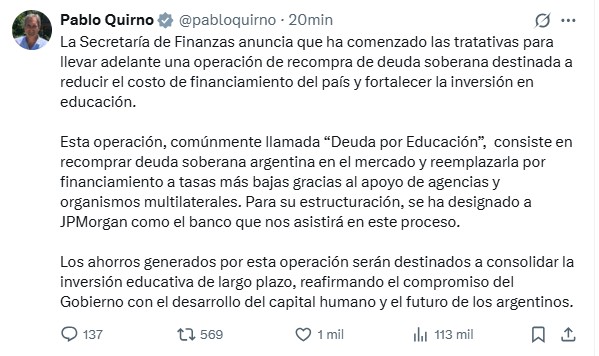 El mensaje de Pablo Quirno sobre la recompra de deuda soberana