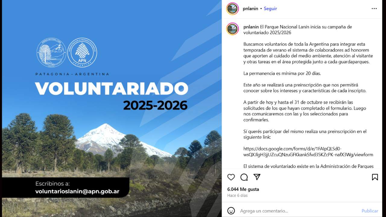 El Parque Nacional Lanín ya abrió el período de inscripciones para el voluntariado 2025/2026