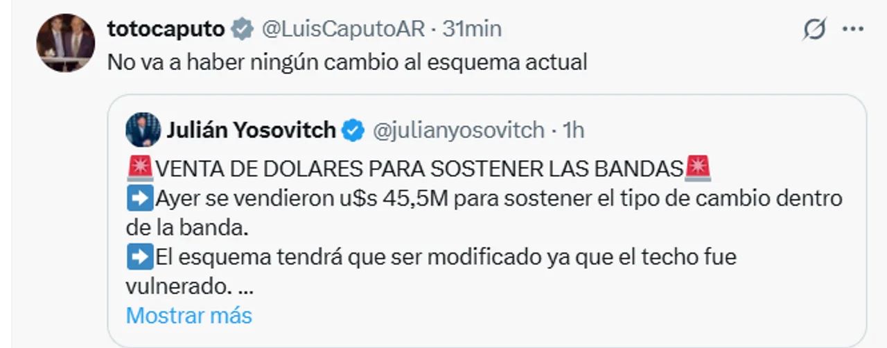 Luis Caputo confirmó la continuidad del sistema de bandas cambiarias del dólar
