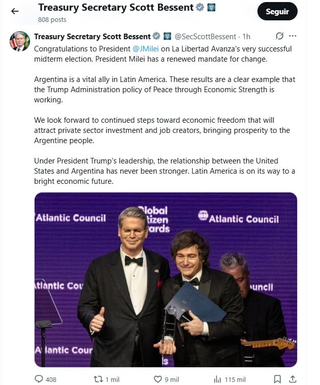 El secretario del Tesoro estadounidense, Scott Bessent, felicitó a Milei por el triunfo electoral