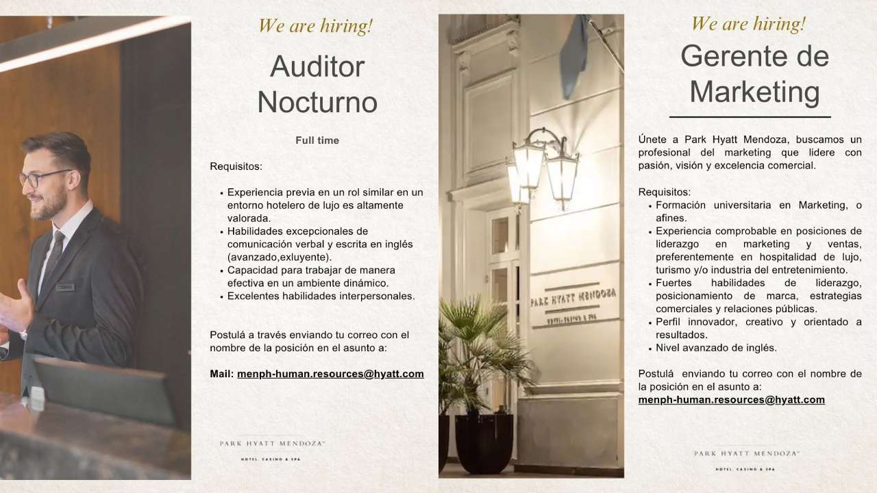 Algunos de los puestos que busca el Hyatt Mendoza para sumar personal al hotel