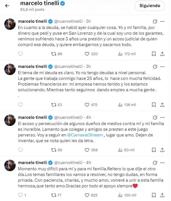Parte del mensaje enviado por Marcelo Tinelli a través de las redes