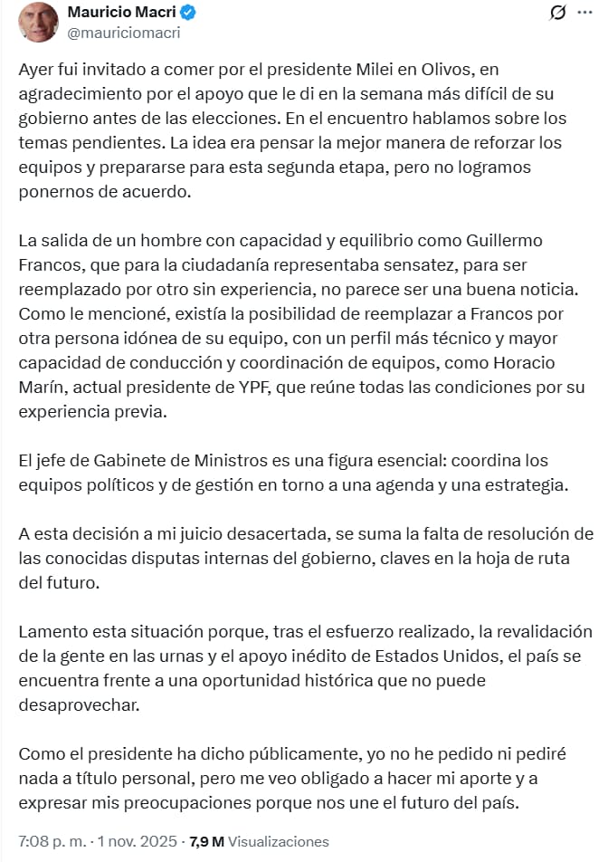 Macri sugirió a Marín como posible reemplazante de Guillermo Francos en la Jefatura de Gabinete.