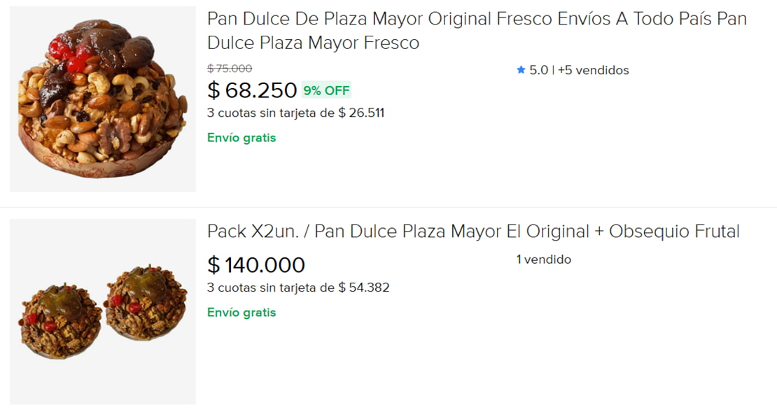 Algunas de la ofertas de pan dulce de Plaza Mayor disponibles en Mercado Libre.