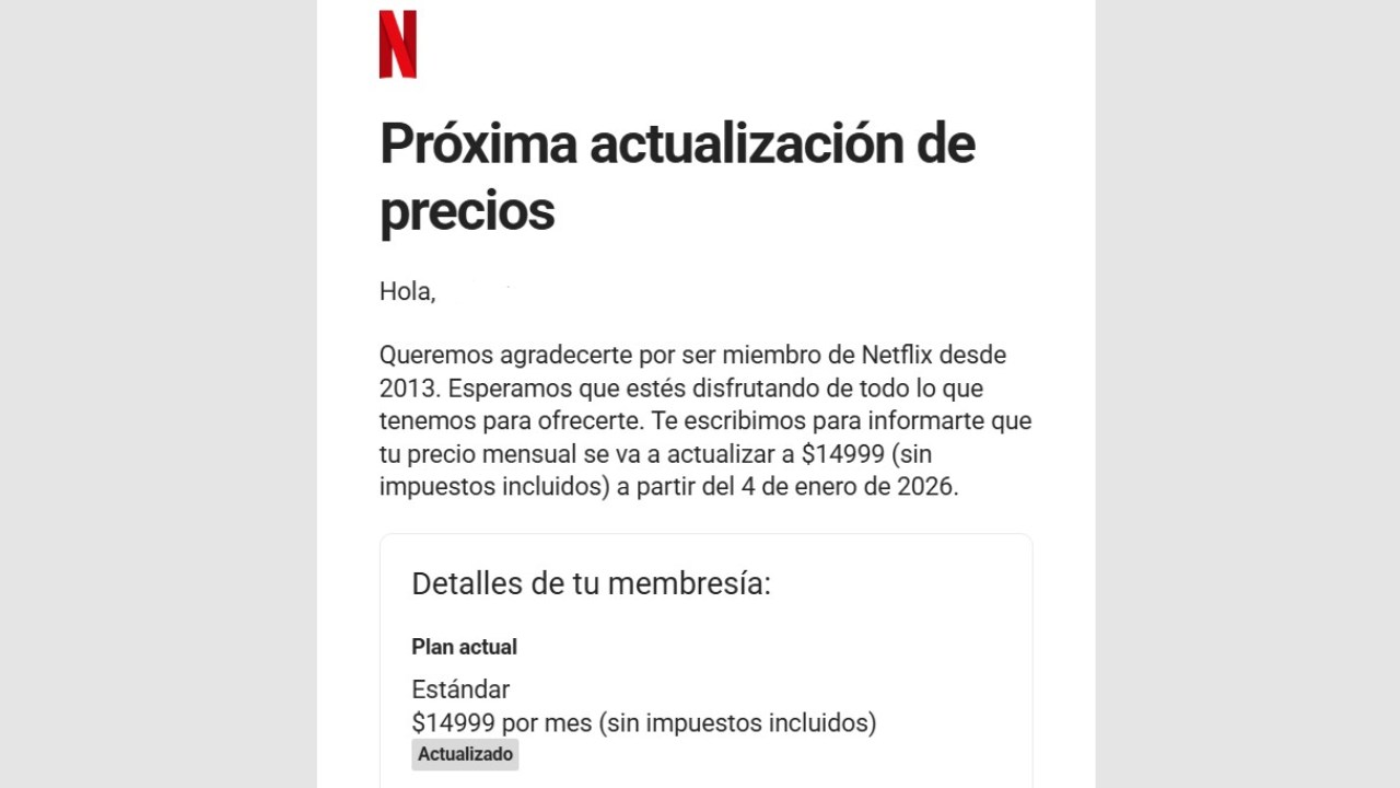 El mail que indica el aumento de Netflix.