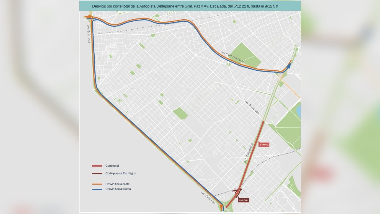 El mapa de cortes y desvíos en al Autopista Dellepiane para este fin de semana largo de diciembre