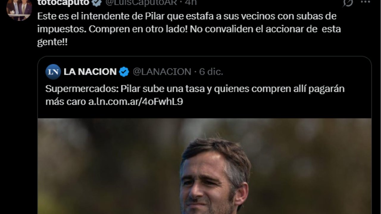 El posteo de Toto Caputo en X (Twitter) criticando la medida del intendente de Pilar