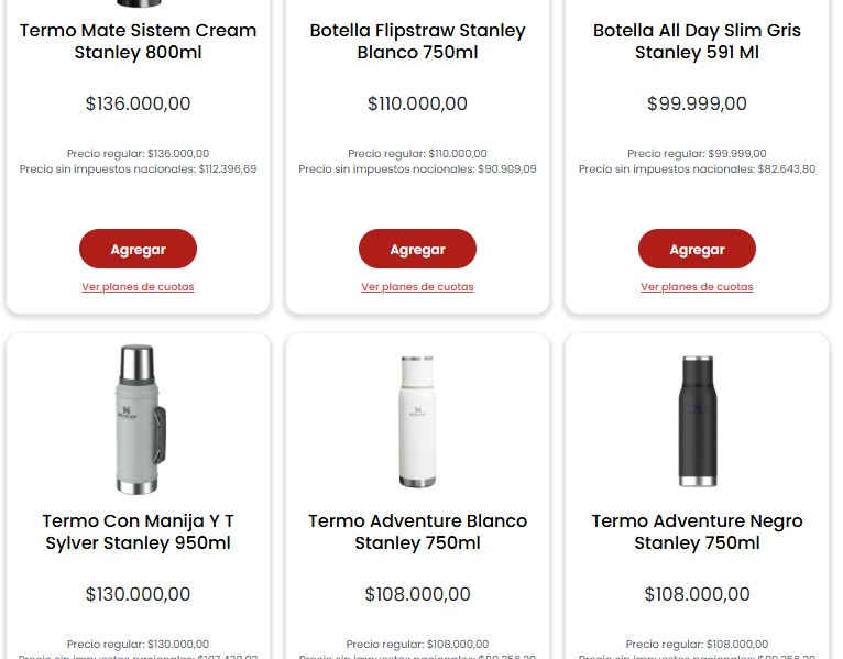 Algunos de los productos marca Stanley que vende Coto en su página web