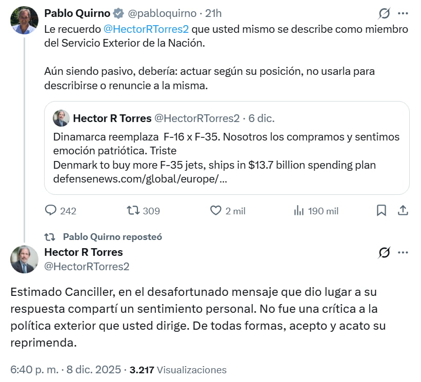 El intercambio de tuits entre Pablo Quirno y Héctor Torres.