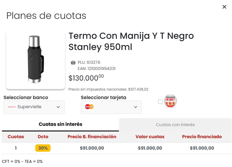 El termo Stanley puede comprarse con descuento en Coto: según el banco y el día