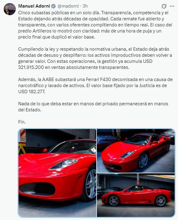 El mensaje de Manuel Adorni, sobre las subastas del Gobierno