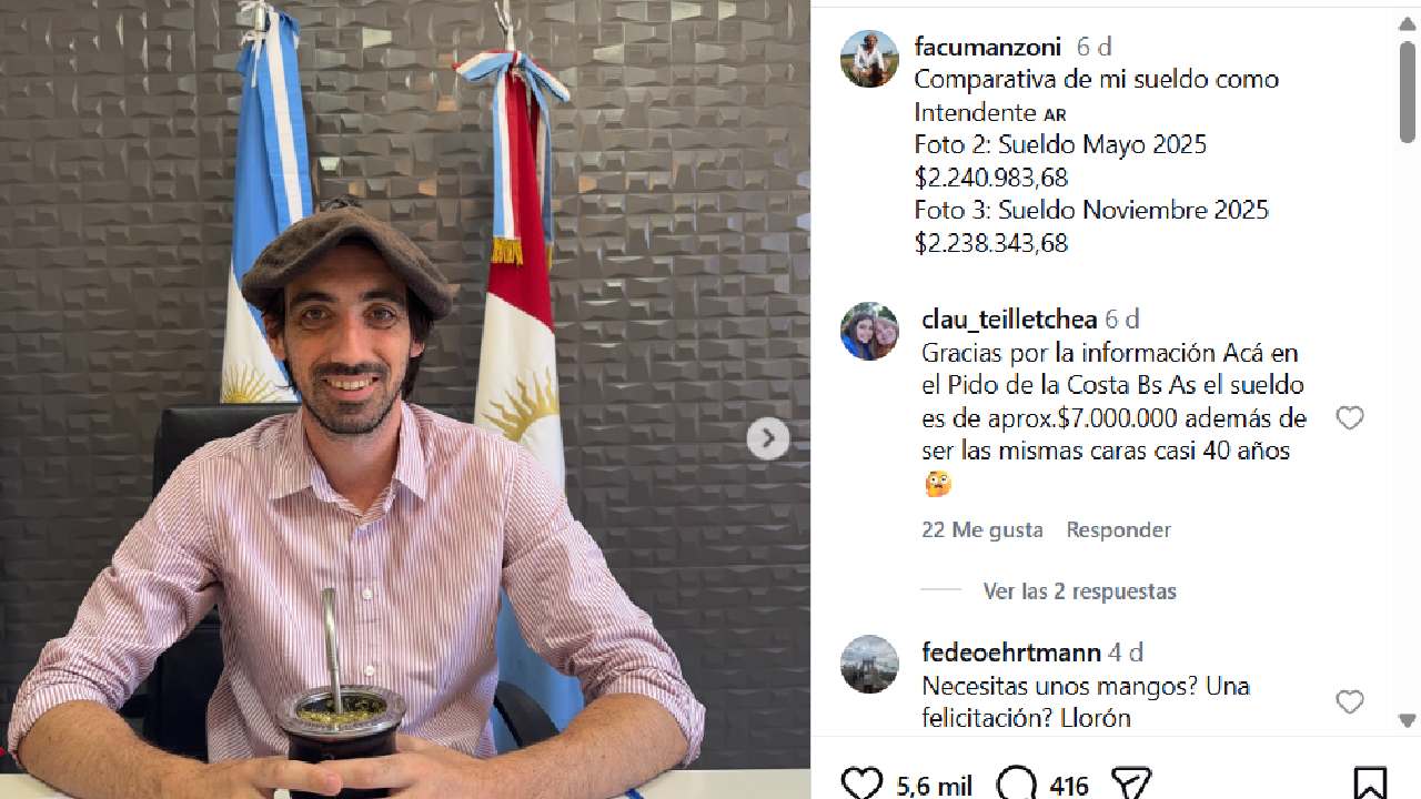El posteo del intendente de Viamonte (Córdoba) compartiendo con sus seguidores el recibo de sueldo