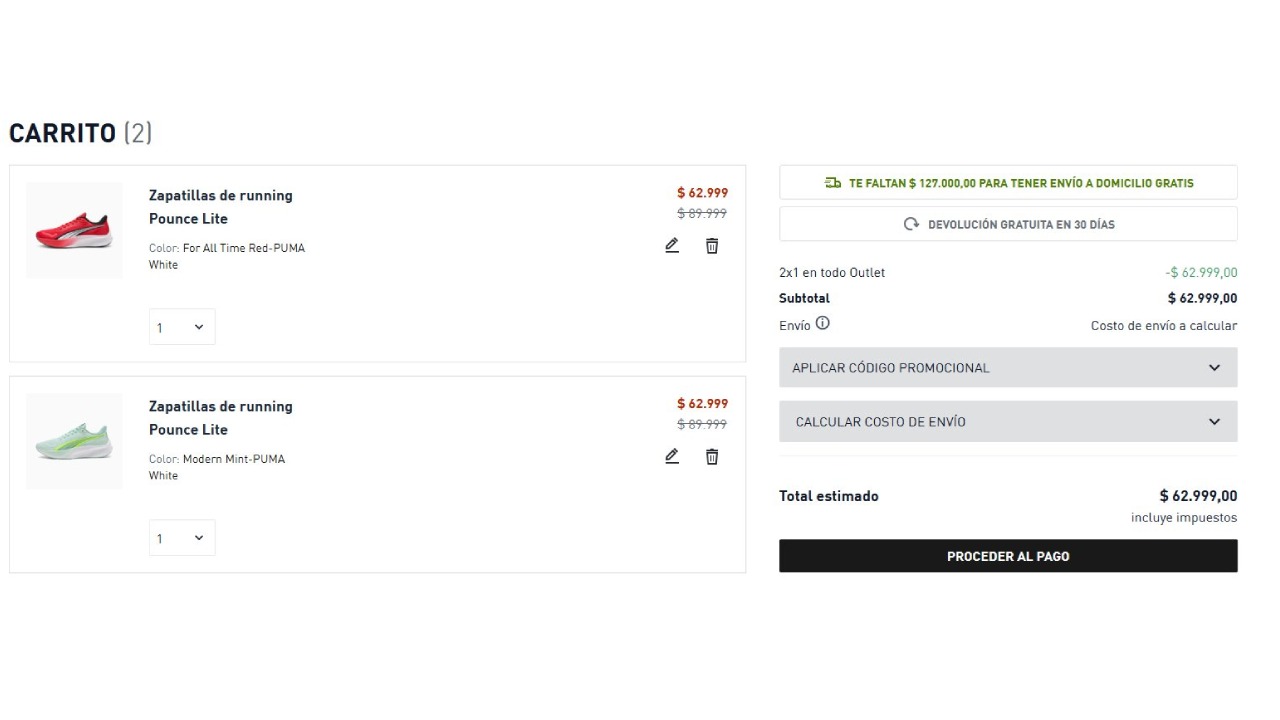 Un ejemplo del 2x1 en zapatillas de Puma: este modelo permite llevar dos por $62.999