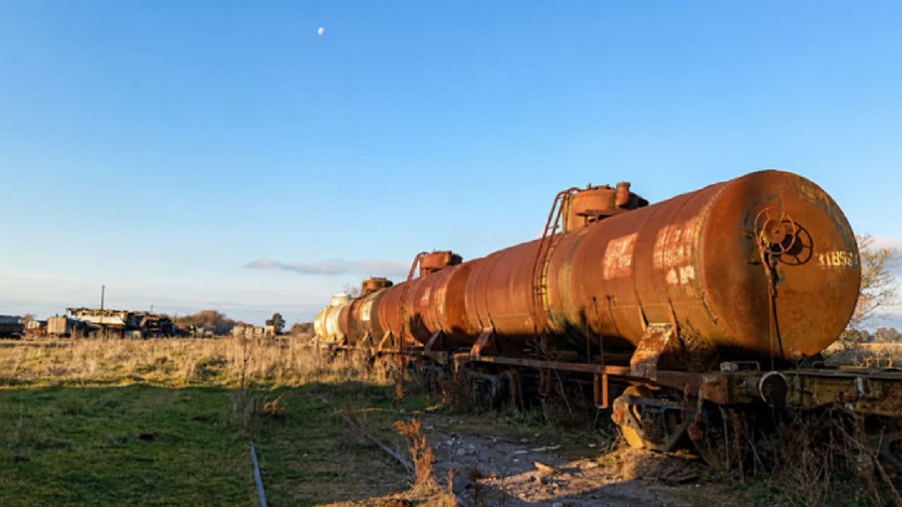 espacio alberga locomotoras fuera de servicio, vagones tolva y grúas ferroviarias