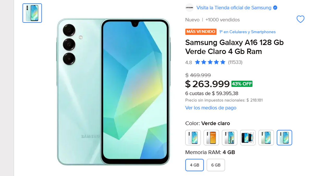 Samsung Galaxy A16 стал лидером продаж на Mercado Libre в 2026 году