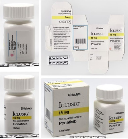 ICLUSIG 15 mg (60 comprimidos). Número de lote: 25A19E09