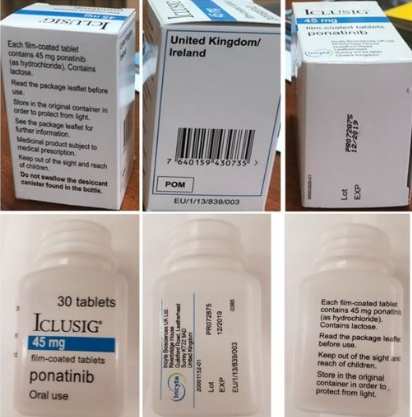 ICLUSIG 45 mg (30 comprimidos). Número de lote: PR072875