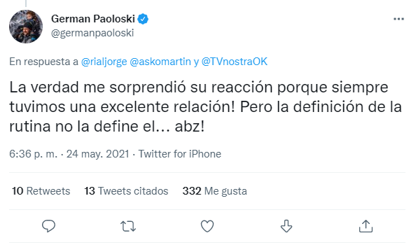 El tuit que había publicado Germán Paoloski por aquel momento