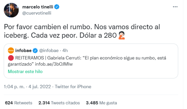 El tuit de Marcelo Tinelli en crítica al Gobierno