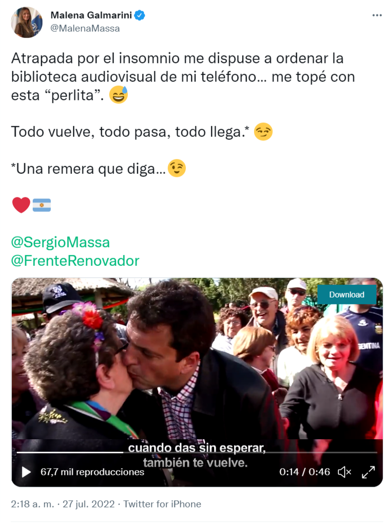 El tuit que publicó Malena Galmarini en el que subió el spot