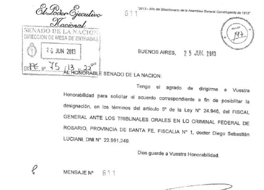 La resolución que dispone el nombramiento de Luciani como fiscal en 2013.