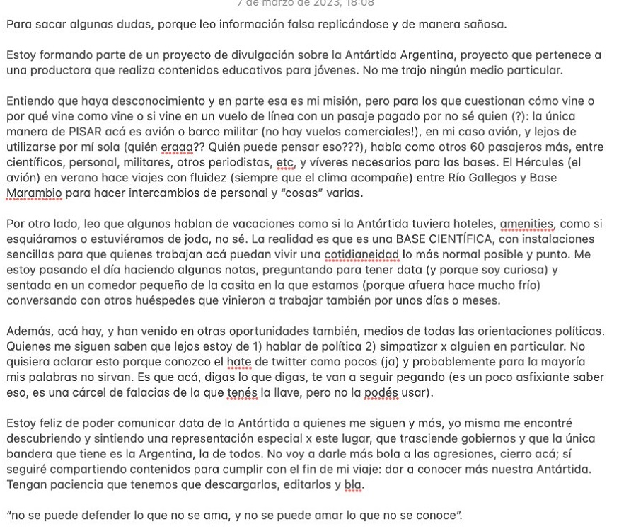 Nati Jota explicó los motivos de su viaje a la Antártida.