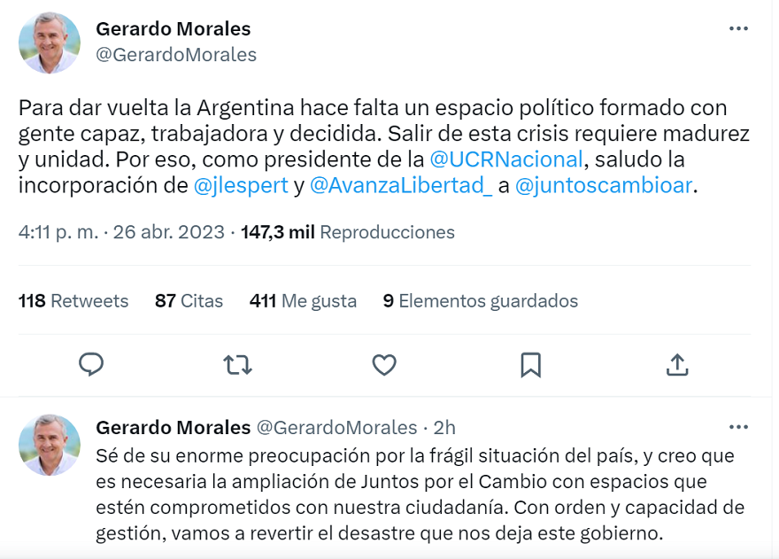 Gerardo Morales destacó la llegada de José Luis Espert a JxC.