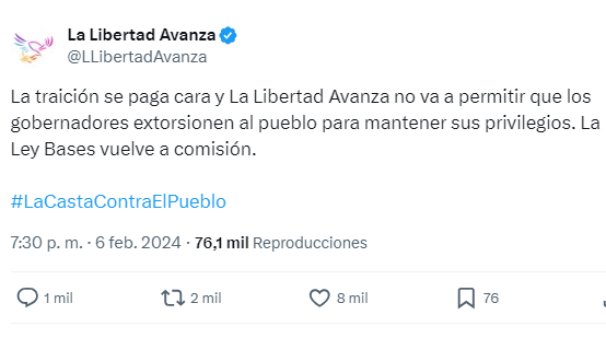El comunicado del partido de Milei responsabilizó directamente a los gobernadores provinciales