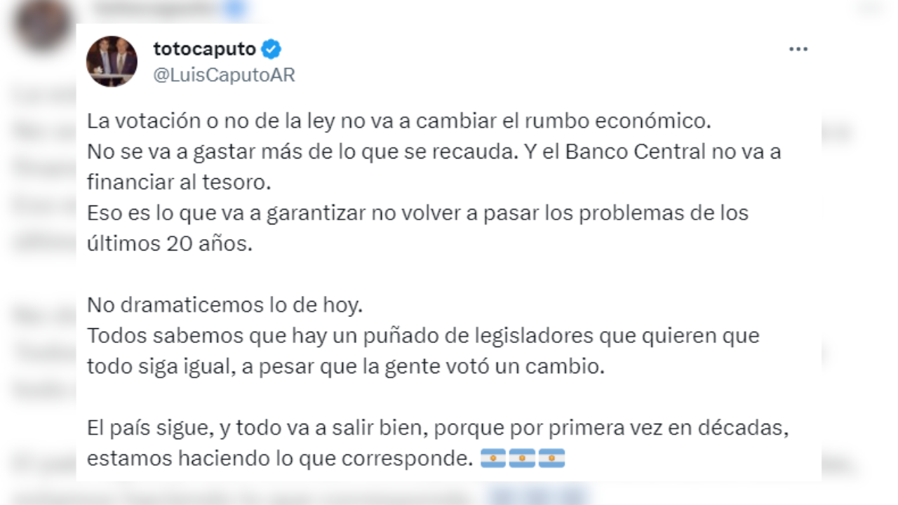 El mensaje de Luis Caputo luego de que la Ley ómnibus vuelva a comisión