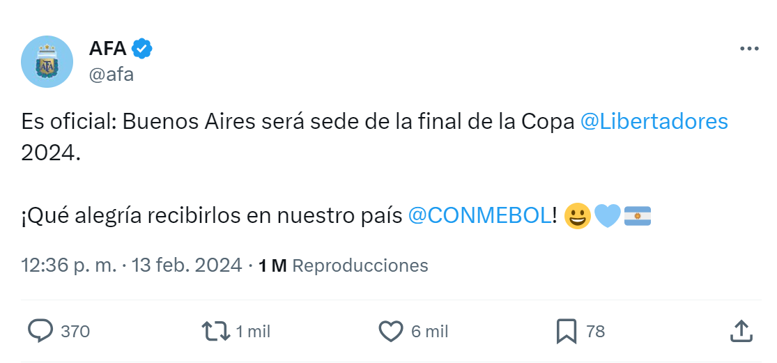 AFA anunció que la final de la Copa Libertadores se jugará en Buenos Aires.