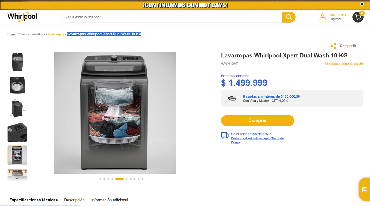 Whirlpool vende su lavarropas Dual Wash a 1.500.000 pesos.