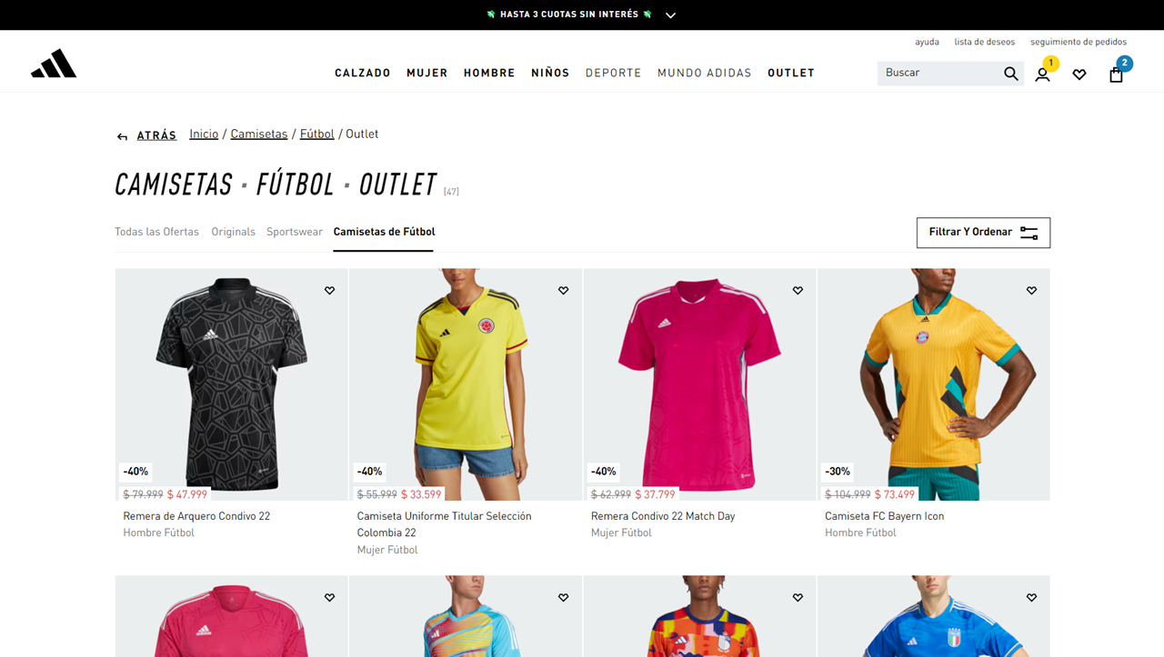 En el outlet de Adidas, se pueden conseguir camisetas de fútbol desde 33.599 pesos.