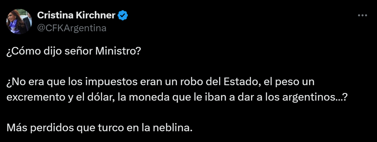A través de X, Cristina Kirchner cuestionó el plan económico del Gobierno.